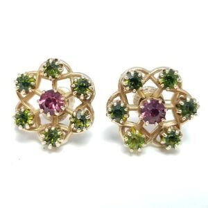 Vintage Green and Pink Rhinestone Flower Clip On Earrings, Screw Backs, Retro